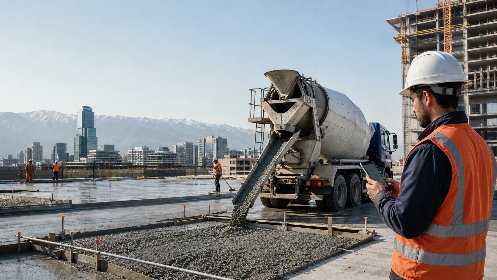 Obra con camion mixer y pedido digital de hormigon